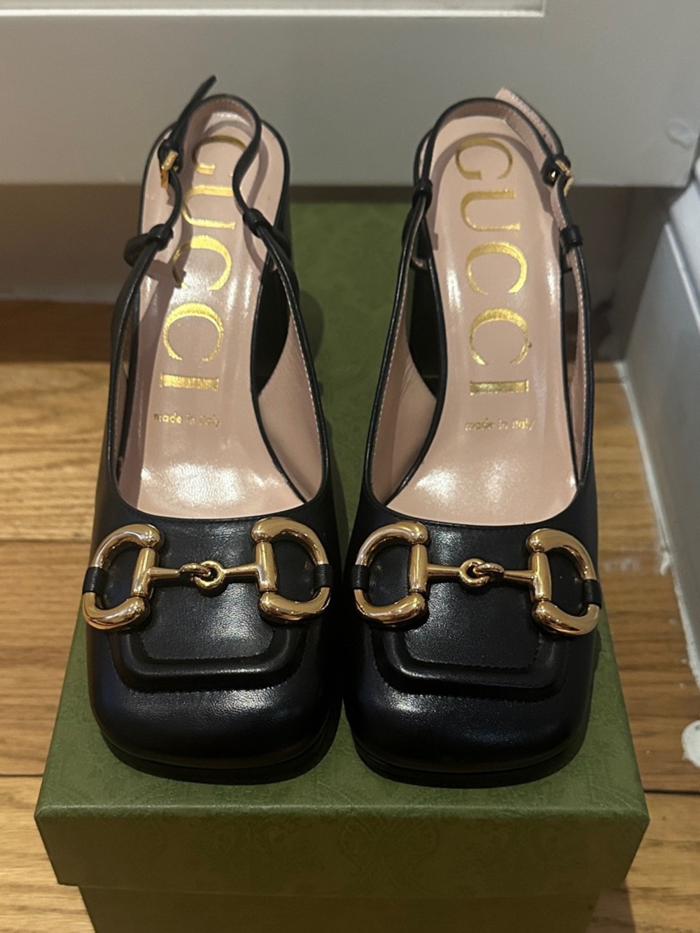 Gucci Black Leather Horsebit Slingback Pumps with Gold Hardware